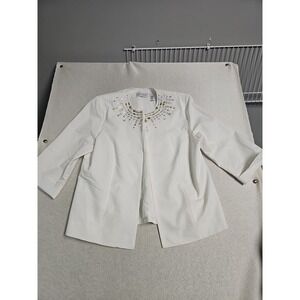 Alfred Dunner 3/4 Sleeve White Open Front Lined Blazer Jacket Size 14 Embellishe